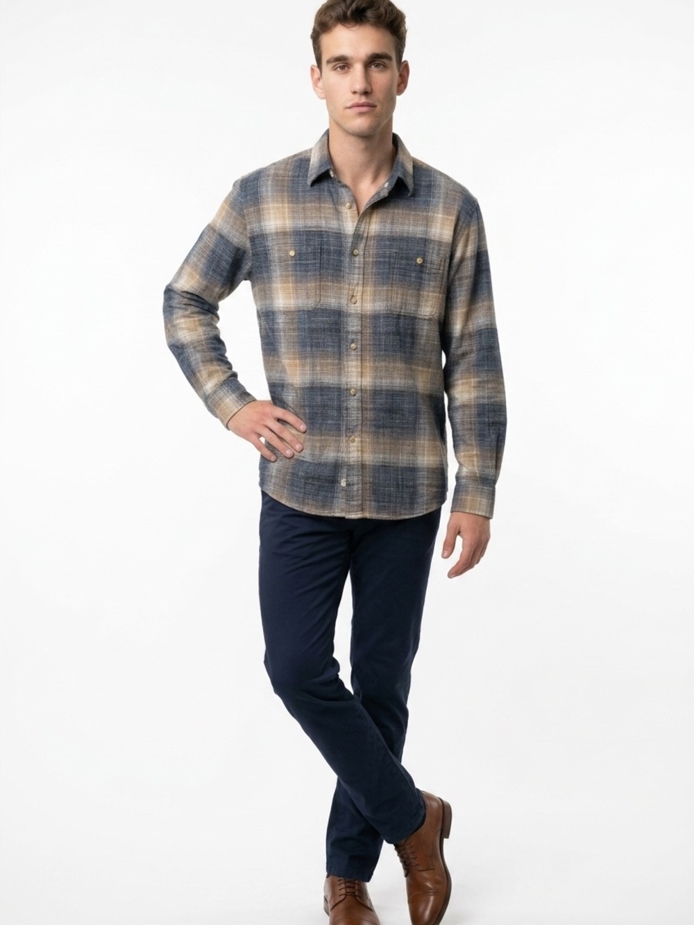 Rowm Plaid Button-Up Shirt in Blue and Tan